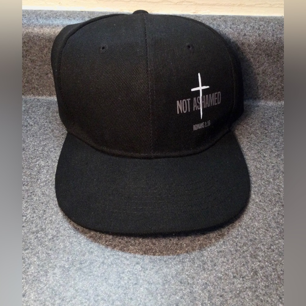 Romans 1:16 NOT ASHAMED, Christian Bible Verse Black SnapBack Mens Cap Hat